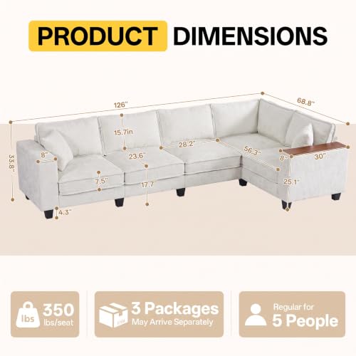 Image of 126 inch L Shaped Sectional Couch, Comfy Chenille Sectional Couch, Modular Convertible V Shaped Couch, 5 Seat Corner Sofa with 2 Pillows & Storage Armrests for Living Room, Beige