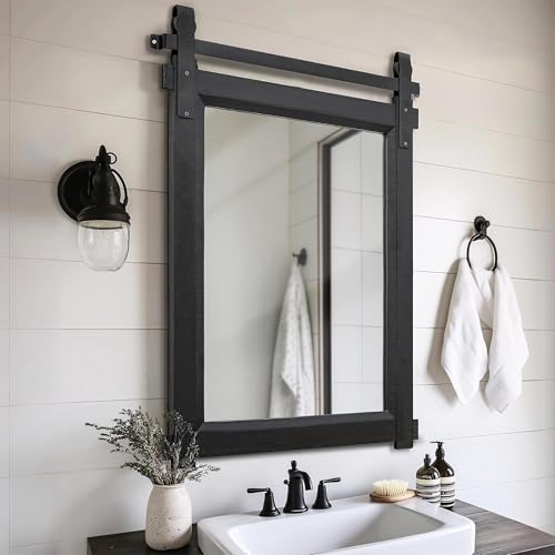 Besdomus Black Farmhouse Bathroom Mirror: 22"x30" Barn Door Rustic Solid Wood Frame Vanity Mirror - Home Decor for Entryway/Bathroom/Living Room - Wall Decor for Housewife