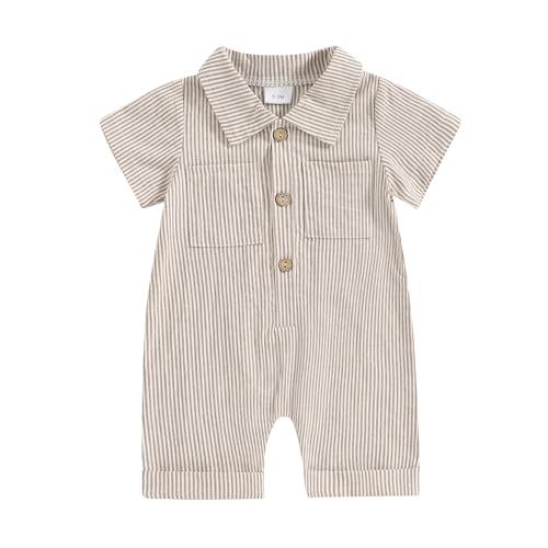 niceclould Baby Boy Vertical Striped Romper with Pockets One Piece Lapel Neck Short Sleeve Buttons Jumpsuit Spring Summer (C-Beige, 12-18 Months)