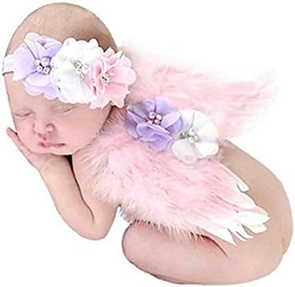 Photo Prop Outfit Baby Girl Angel Feather Wing Costume Chiffon with Headband Newborn Photo Prop Costume (Pink)