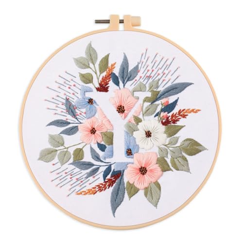 Image of IUHUI Embroidery Kit for Beginners Adults - 26 Floral Letters Easy Patterns, DIY Hand Stitching Embroidery Set with Hoop (Flower and Grass Letter Y)