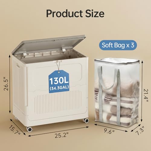 Image of HAIXIN HOME 130L Plastic Laundry Hamper with 3 Soft Bags, Foldable Rolling Clothes Laundry Basket with Lid for Bedroom, Bathroom, Dorm, Heavy Duty Clothes Organizer with Wheels for Bedding, Blankets