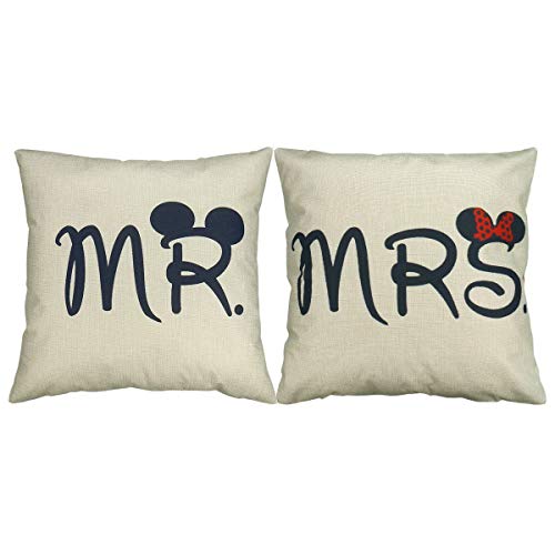 Luxbon 2er Set Mr Mrs Kissenbezug dauerhaft Leinen Dekokissen Hochzeit Valentinstag Geschenk 45x45...