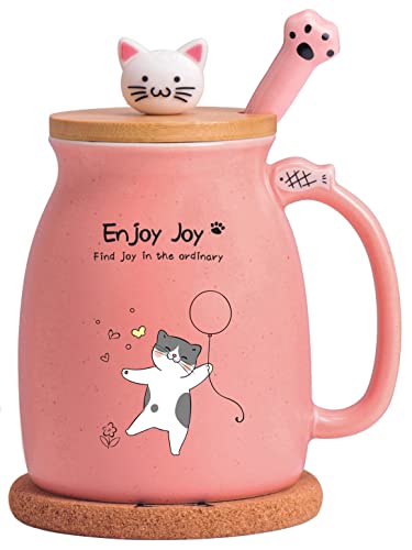 Novelty Cat Mug Cute Ceramic Coffee Cup with Kawaii Wooden Kitty Lid, Lovely Cat Claw Spoon, Anime Wooden Cat Coaster, Cat Things Pink Birthday Mug Gift for Cat Lovers Girl Kids Women 480ML (Pink)