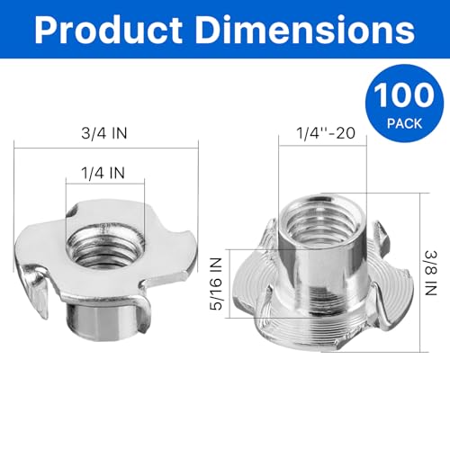 Akamino 4-PRONGED TEE NUT01 100 Pack 1/4"-20 T-Nut, 304 Stainless Steel Threaded Insert thumb #1