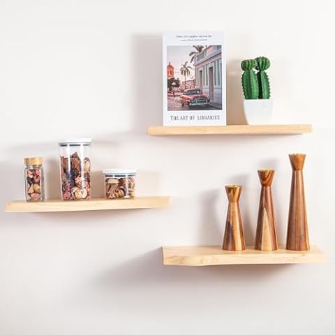 Decent Vrvege Wall Mounted Floating Shelves with Live Edge Design, Irregular Rectangle Wall Decoration Shelf Set of 3, Solid Oak Wood Wall Display Organizer, Home Wall Storage Decor Shelve Cover