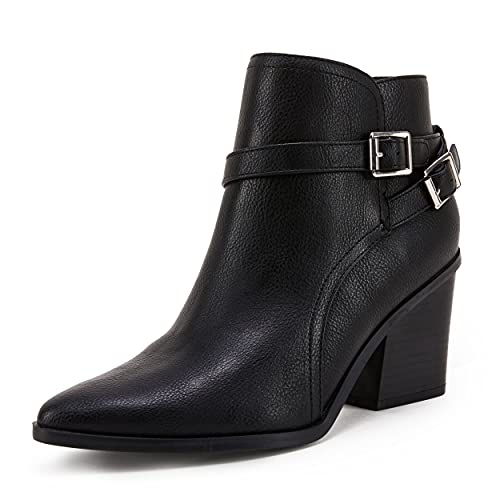 LAICIGO Women's Pointed Toe Ankle Chunky Stacked Heel Zipper Strappy Buckle Boots, Leather Black, 8.5