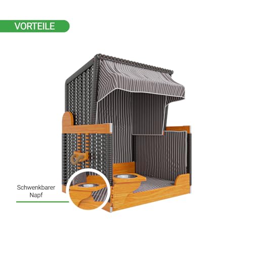 Woodtex Hundestrandkorb Kieferholz |Hundehütte anthrazit inkl. Schützhülle schwenkbarer Wasser-/Futternapf|Sonnenschutz Hunde und Katzen |Rattan Schwarz mit weißen Nadelstreifen
