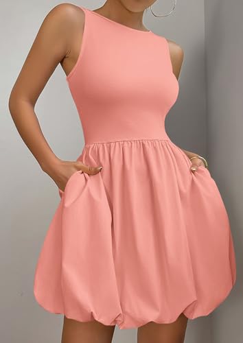 Image of PRETTYGARDEN Summer Dresses for Women 2026 Casual Mini Short Cocktail Dress Sleeveless Tank Crew Neck Bubble Sundress Pockets