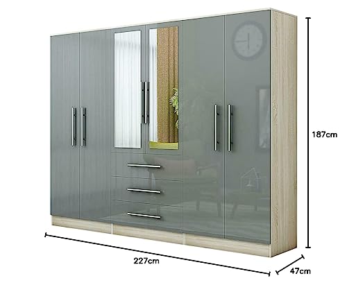 Gloss Grey Large Wardrobe - 6 Door 3 Drawers & Long Mirror