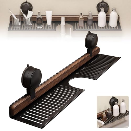 Image of Walnut Bathroom Shelf Over Faucet - No Drill Suction Cup Sink Organizer, Wall Mounted Kitchen Storage Rack for Sponge & Soap, Removable Wood Shelf (19in, Black)