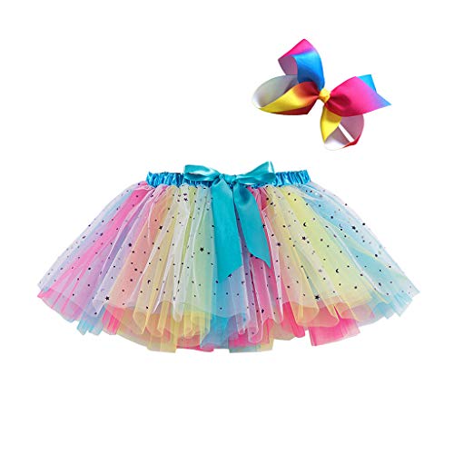 Youmymine 5 Layered Tulle Tutu Skirt for Girls with Bow Hairpin, Ballet Dressing Splice Rainbow Up Kid Tutu Skirt (Blue, 5-8 Years)