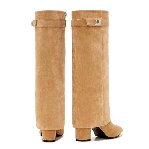 Women’s Shark Boots – Suede Fold Over Knee High Boots, Pointed Toe Block Heel Fashion Boots4