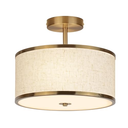 CALOKES 12.6 Inch Semi Flush Mount Ceiling Light, 3-Light Drum Lamp with Gold Brass Finish and Beige Shade, Ideal for Bedroom, Kitchen, Dining Room, Hallway, Entryway, and Foyer,