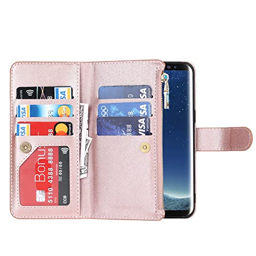 Jaorty Samsung Galaxy S8 Wallet Case,[9 Card Slots] Removable Adjustable Crossbody Necklace Lanyard Shoulder Strap Zipper Magnetic Leather Case For Samsung Galaxy S8,5.8 Inch Rosegold #TOP4