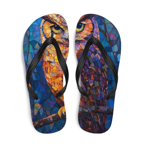Boho Gypsy Owl Flip-Flops, Cute Vintage Bird Print Sandals, Comfy Beach Slides, Summer Casual Shoes for Women