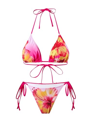Image of ZAFUL Women's 3 Piece Swimsuit Floral Halter Triangle String Bikini Tie Side Bottom with Boho Cover Up Skirt