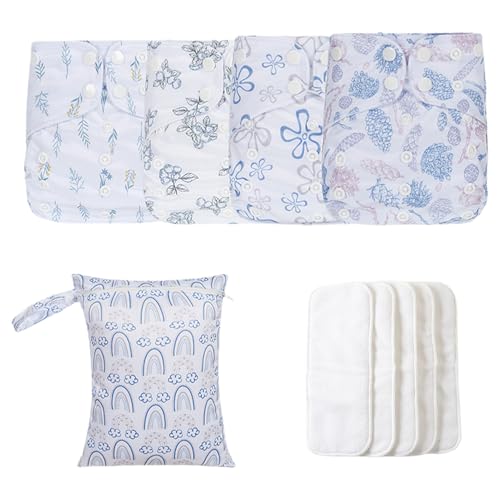 Cloth Baby Diapers, Reusable Adjustable Cloth Diaper, 4x Absorbent & Breathable Liners, Waterproof Cover with 4 Inserts & 1 Wet Bag, Ideal for Toddler Boys Girls