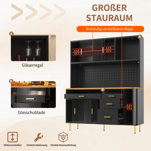 Armario alto para salón, iluminación LED, sistema de estanterías de altura ajustable, puertas correderas de cristal, botellero, solución de almacenamiento modular, negro, 145 × 39 × 171 cm