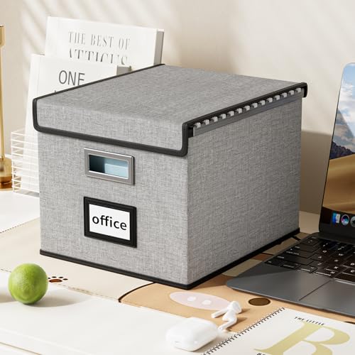Huolewa Collapsible File Storage Organizer Boxes with Lids, Portable Large Linen Hanging Filing Storage Boxes, Decorative Home/Office Filling System for File and Folder Storage (Grey)-2 Pack - Thumbnail 4