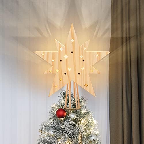 Creawoo Star Christmas Tree Topper LED Wooden Lighted Treetop with Hollowed Design Christmas Decor