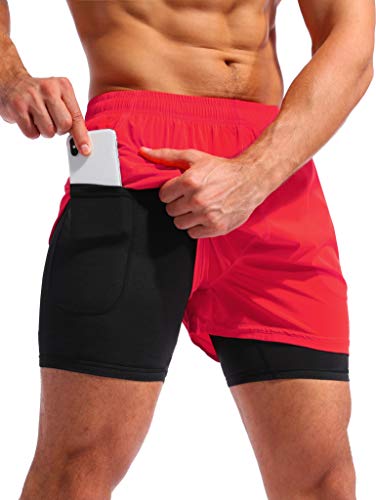 Image of Pudolla Men's 2 in 1 Running Shorts 5 inch Quick Dry Gym Athletic Workout Shorts for Men with Phone Pockets