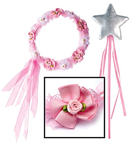 OLYPHAN Fairy Princess Wand Kit for Girls – Magical Toy Wands for Dress Up, Halloween Costume, Magic Shows, Cosplay, Birthday Party, Multi Color Star Wand & Flower Headband Crown