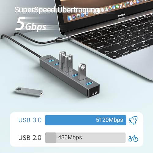Hub USB 3.0 a 7 porte con cavo da 100 cm, hub USB in alluminio con multiplo USB 3.0 5 Gbps dati e 5 V/3 V Type-C, splitter USB multiplo per PC portatile - Hub USB