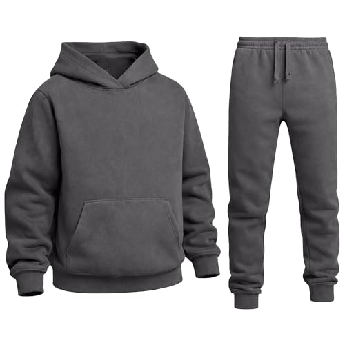 Image of The Fancy Dress Boys Girls Tracksuit Set - Unisex Kids 2 Pcs Activewear Fleece Lined Hooded Sweatshirt and Joggers Bottom Set for Sports Running Jogging, Grey, 13 Years-14 Years