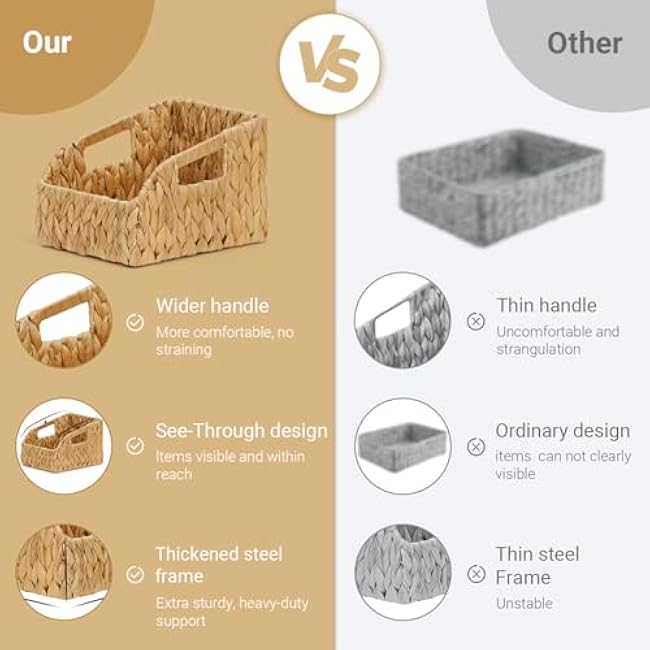 Wicker Baskets for Organizing,Pantry Baskets with Handles, Handwoven Wicker Storage Basket, Water Hyacinth Storage Bins for Shelves, Bohe Deco 3 Pack,Natural