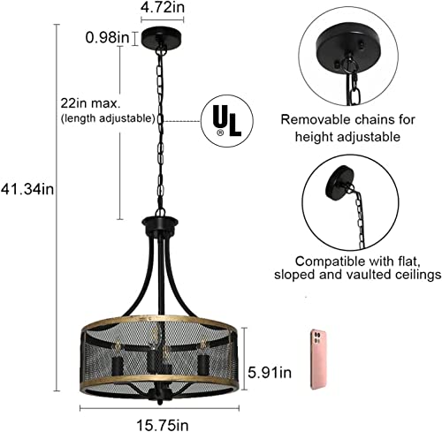 Dllt 4-Light Farmhouse Chandelier, 16" Industrial Pendant Lighting, Drum Hanging Light Fixture With Antique Gold And Matte Black Finished For Dining Room Kitchen Living Room, Height Adjustable #TOP3