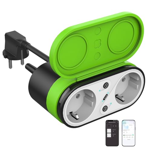 J-BRAUV Wlan Steckdose Outdoor Doppelsteckdose Außen Mit Zeitschaltuhr Wasserdicht, Smarte Steckdose Outdoor, Stromverbrauchsmesser Funktioniert Mit Alexa Google Home 2,4GHz WiFi