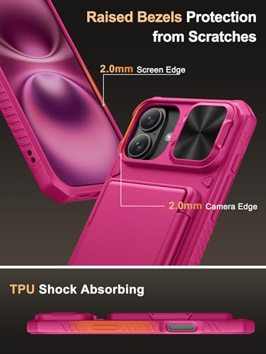 Image of Vihibii PC,Silicone For iPhone 16 Plus Case Wallet With Card Holder(4 Cards)[RFID Blocking] & Slide Camera Cover & Raised Edges Protect Screen,Shockproof Rugged Phone 5G 6.7 inch 2024,Pink