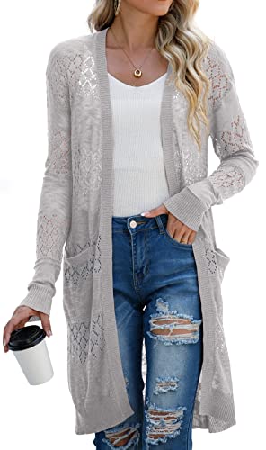 GRECERELLE Womens Lightweight Longer Length Cardigans Long Sleeve Casual Crochet Open-Front Sweater with Pockets, Gray, X-Large