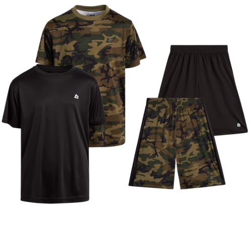 RBX Boys Athletic Shorts Set - 4 Piece Dry Fit Boys Short Sleeve Shirt & Basketball Shorts - Activewear Gym Short Size 10-12 Green Camo/Black