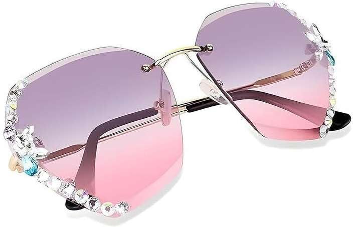 youth club Rimless Oversized Sunglasses with Crystal Rhinestone Embellishments, Brown Gradient Lens, Gold Metal Frame-picture-10