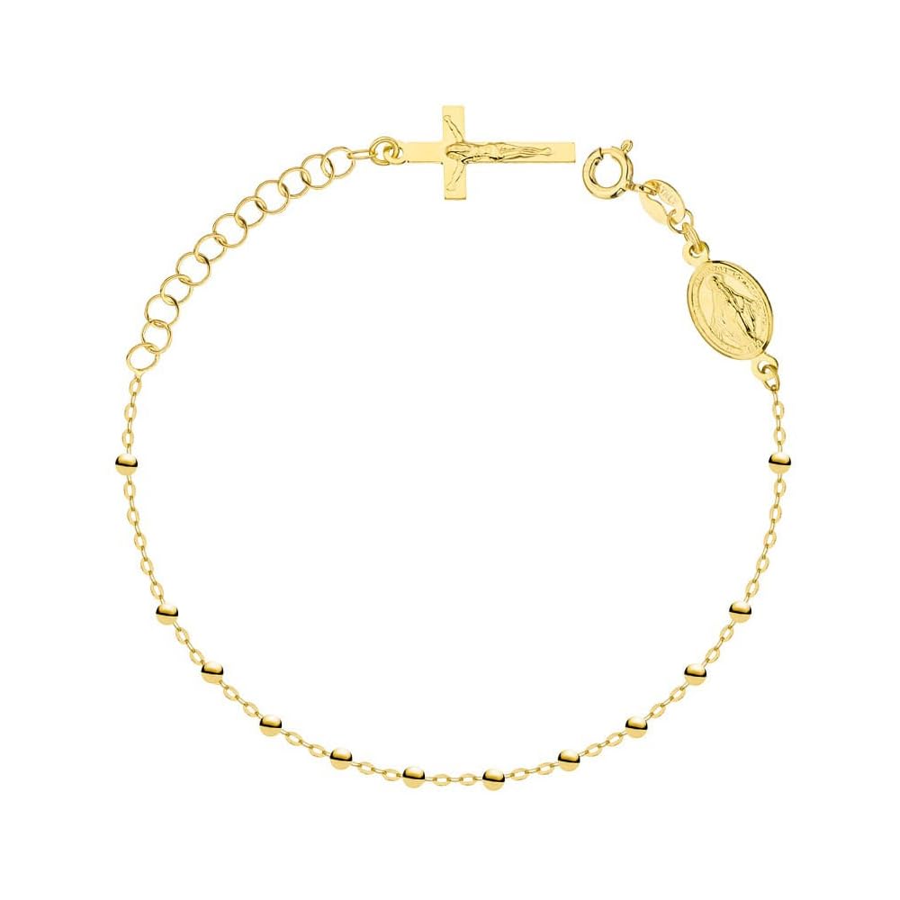 Sakrami Bracciale Rosario Donna Oro 14KT Crocifisso e Medaglietta Vergine – Catena 17+3 cm – Scatola Personalizzabile con Dedica Incisa – Gioiello per Cresima, Comunione, Natale