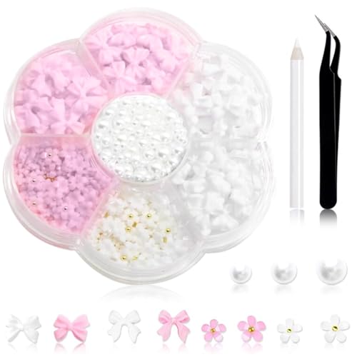 JEYORZY 1 caja Dijes de Lazo 3D para Uñas, abalorios de lazo rosa para uñas, color blanco, resina, parte trasera plana, cuentas, flores, San Valentín, decoración de uñas, accesorios para mujeres