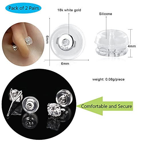 2 Pairs 14K Real White Gold Earring Backs Hypoallergenic Soft Clear Silicone Earrings Backings Replacements Secure Safety For Studs Drops Comfortable #TOP2