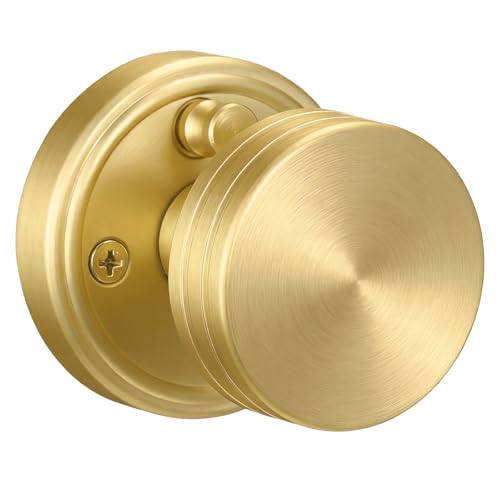 Calzibeno Privacy Brushed Gold Door Knobs Heavy Duty Zinc Alloy Round Interior Door Knobs with Lock,for Bathroom & Bedroom, Modern Privacy Lockset with Emergency Release, 1 Pack