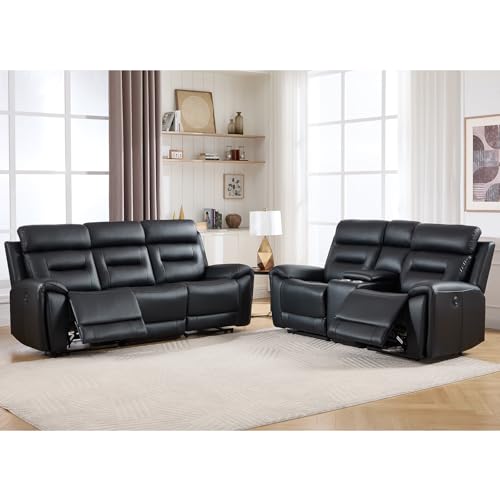 Image of ANJ 2-Piece Faux Leather Power Recliner Sofa Set with Charging Ports, Include 2-Seater Loveseat with Hidden Storage & Cup Holders and Electric 3-Seater Reclining Couch for Living Room, Black