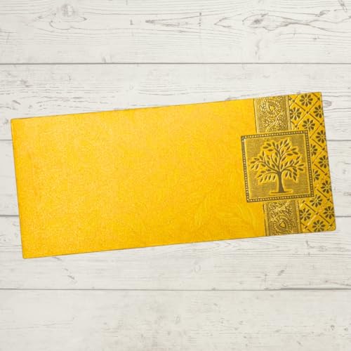 Image of Pack of 25, Rectangle Shape Metallic Paper Shagun Envelopes for Gifting Sagan Lifafa Wedding Occasion Cash Money, 18 X 8 cm, Yellow Color - Gold Tree Design
