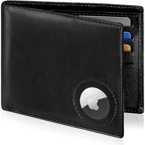 Genuine Leather Wallet for Men Slim Bifold Airtag Hidden Holder RFID Blocking Wallet with Multiple Card Slots ID Windows and Thin Design (Black)