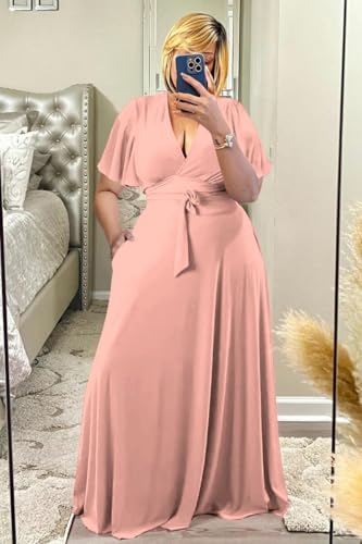 Image of Plus Size Women's 2 Piece Outfits Casual Short Ruffle Sleeve Wrap Crop Top Maxi Long Dress Flowy Matching Sets