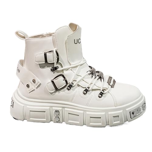 QKLMWES Men's Retro Leather Lace-Up Boots Classic Round Toe Platform Comfortable Non-Slip Casual Boots Daily Outdoor Work Activities Party Walking (12,white)