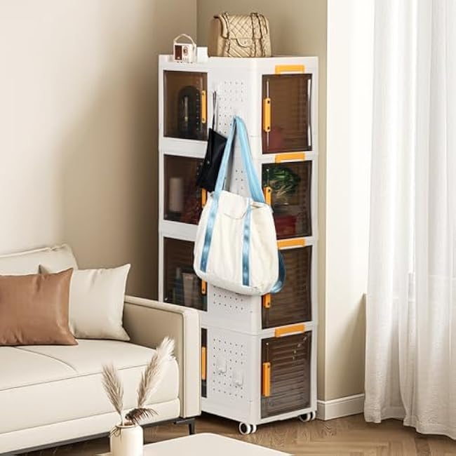 Stackable Storage Bin with Wheels, 4-Layer Foldable Closet Organizer with Transparent Front, Stackable Collapsible Storage Cabinetfor Closet, Laundry, Toys,Home Office & More White