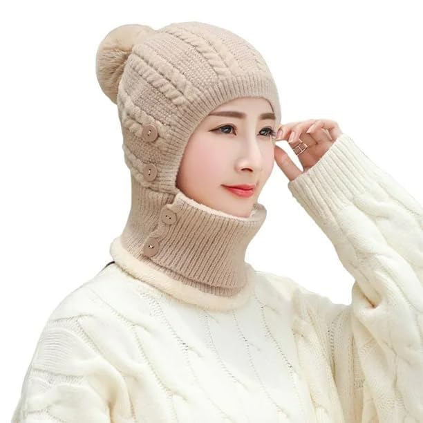 Richmen Women Winter Knitted Pompom Hat Soft Fleece Inside Fur Beanie Skull Cap | 3 in 1 Warm Hat Attached Neck Cover and Mask Earflap Hood for Women & Girls-picture-30