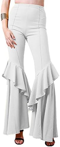LAFASO Women Solid Flare Ruffle Pants Stretchy Bell Bottom Wide Leg Trousers White L