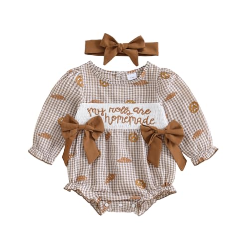 Amiblvowa Infan Baby Girl Boy Thanksgiving Outfit My Rolls are Homemade Bubble Romper Cute Long Sleeve Plaid Fall Bodysuit (Bread Khaki 3-6 Months)