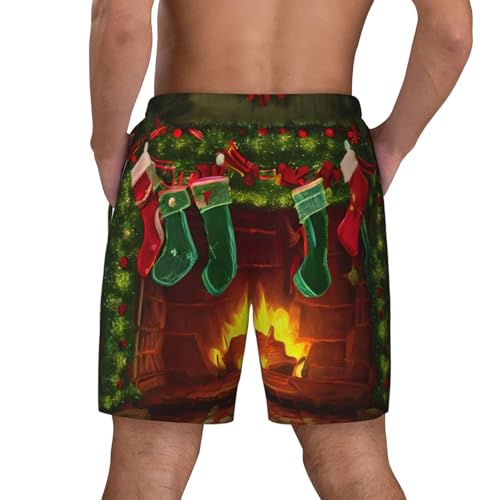 Merry Christmas Print Men's Double Layer Swim Trunks,Athletic Beach Shorts,Adjustable Drawstring Waist4